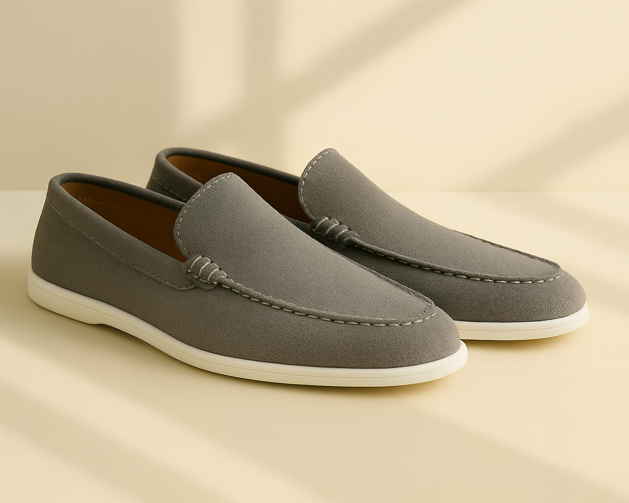 GREY SUEDE WHITE SOLE MOCCASION