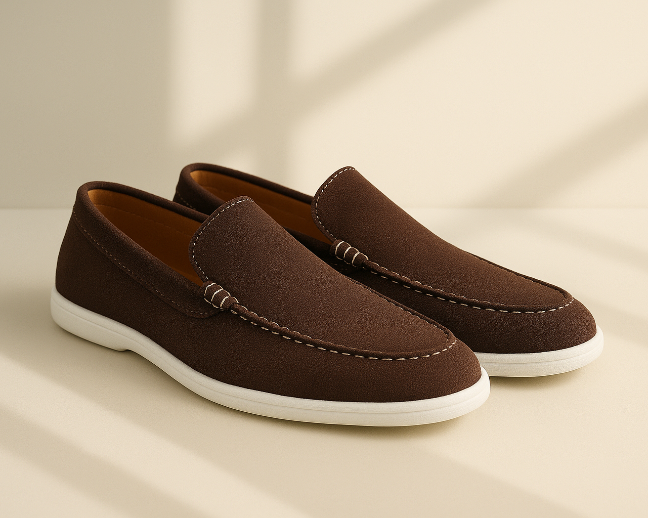 BROWN SUEDE WHITE SOLE MOCCASION
